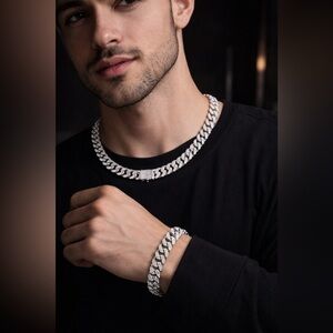 ⛓️‍💥💎Men’s Iced Cuban Link Necklace & Bracelet Set | Silver Tone Pavé